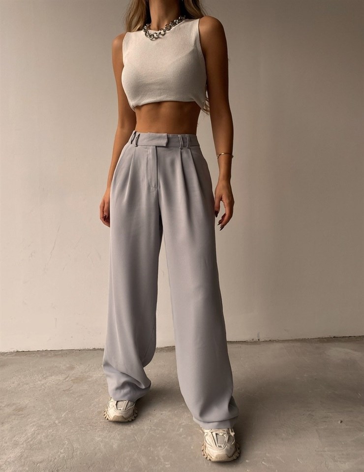 Beli Pileli Palazzo Kadın Gri Pantolon 22K000117