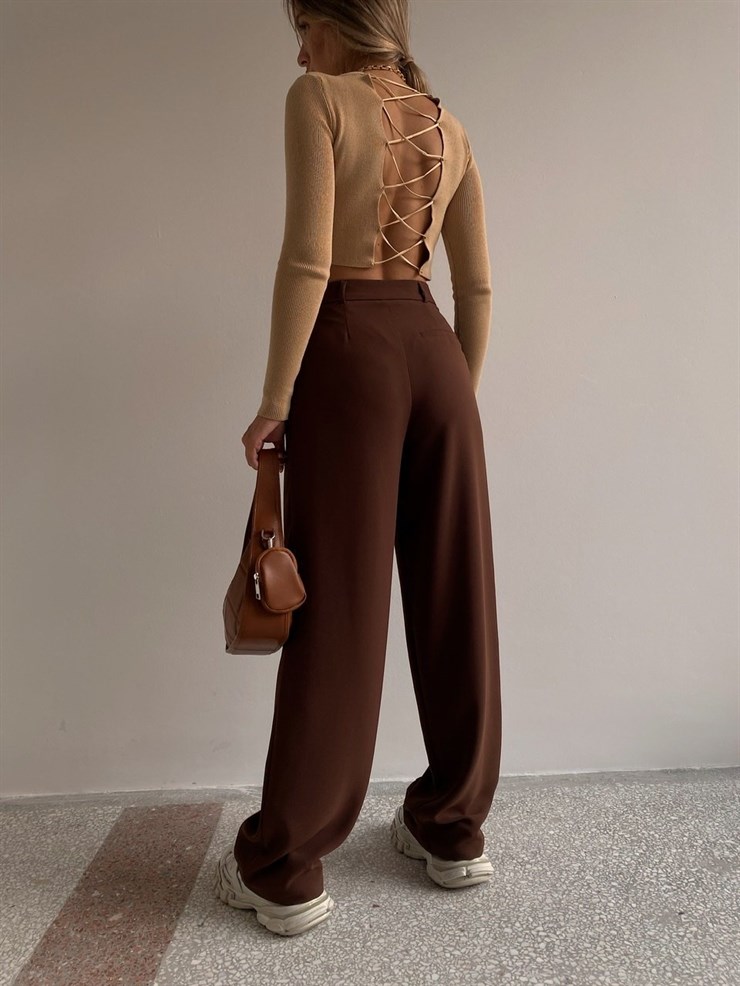 Beli Pileli Palazzo Kadın Kahverengi Pantolon 22K000117