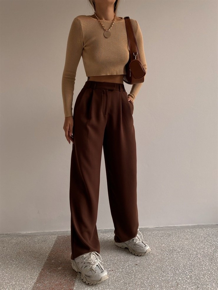 Beli Pileli Palazzo Kadın Kahverengi Pantolon 22K000117