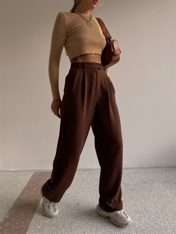 Beli Pileli Palazzo Kadın Kahverengi Pantolon 22K000117