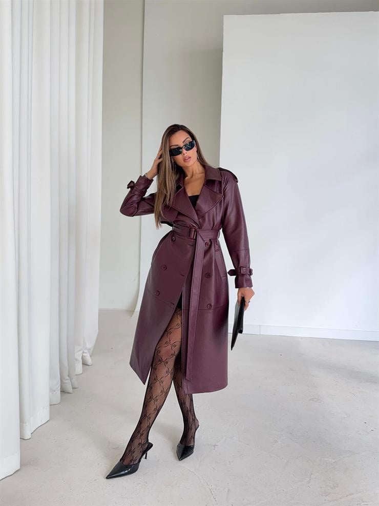 Beli Ve Kol Ucu Kemer Detaylı Tegan Bordo Kadın Deri Trenç 26K016