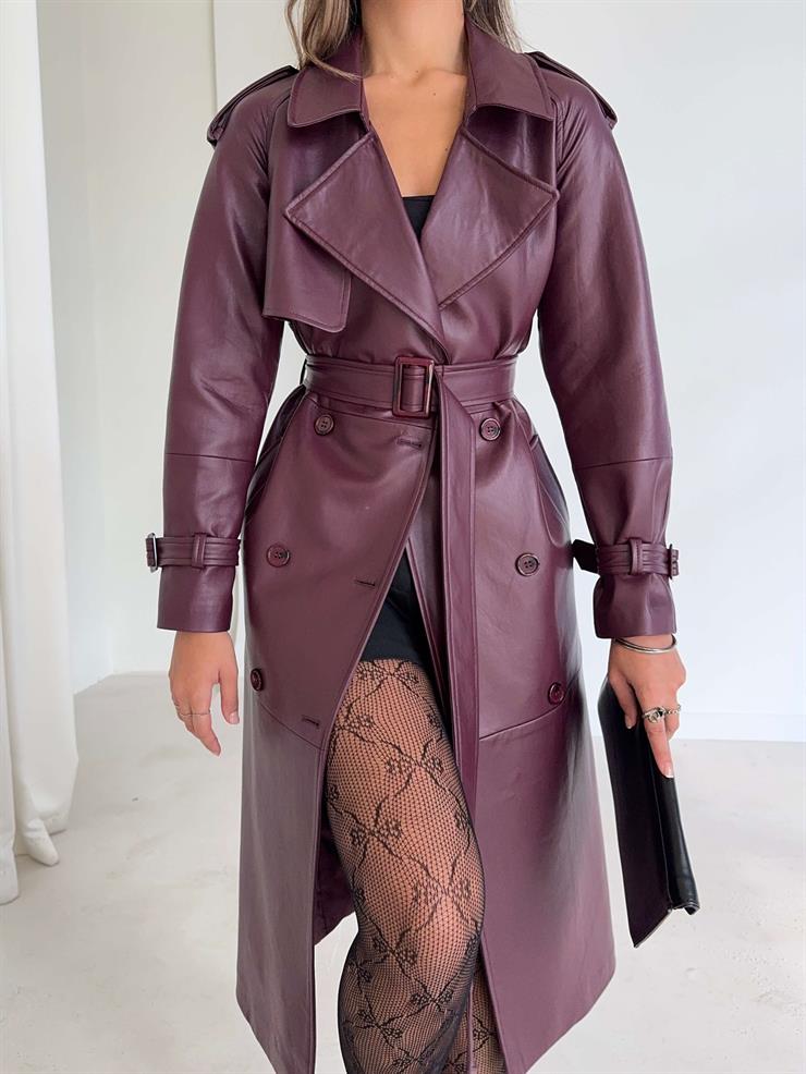 Beli Ve Kol Ucu Kemer Detaylı Tegan Bordo Kadın Deri Trenç 26K016