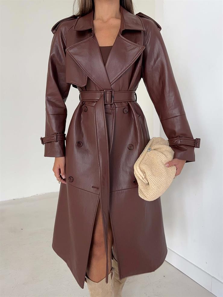 Beli Ve Kol Ucu Kemer Detaylı Tegan Kahve Kadın Deri Trenç 26K016