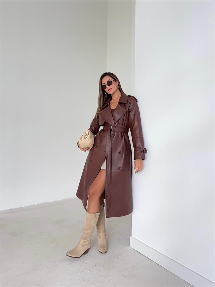 Beli Ve Kol Ucu Kemer Detaylı Tegan Kahve Kadın Deri Trenç 26K016