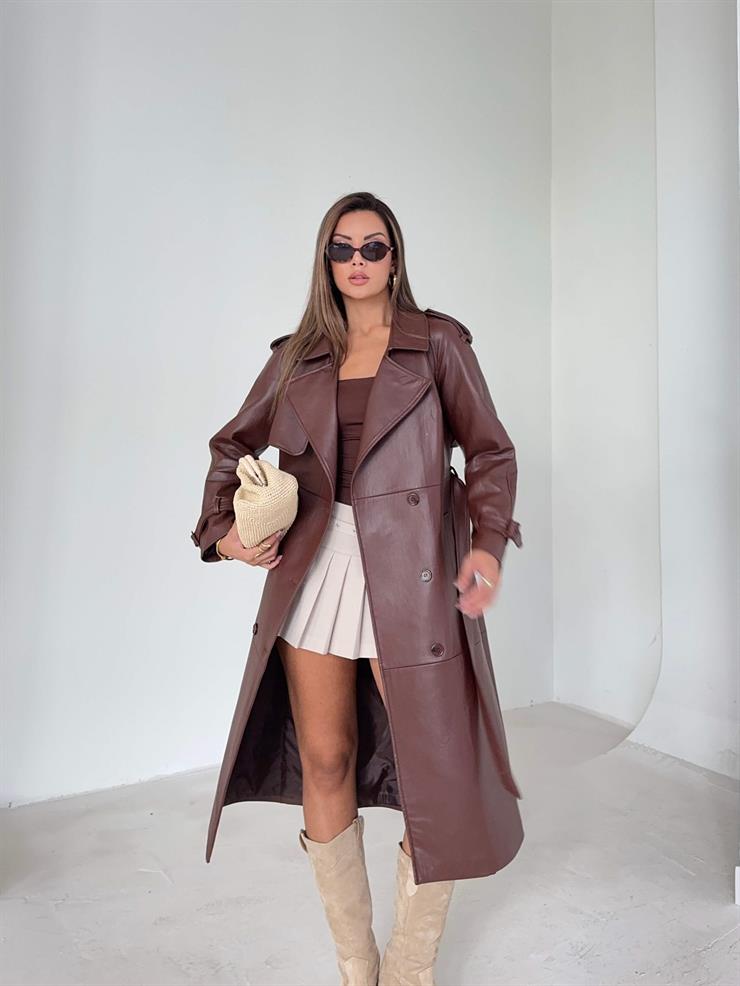 Beli Ve Kol Ucu Kemer Detaylı Tegan Kahve Kadın Deri Trenç 26K016