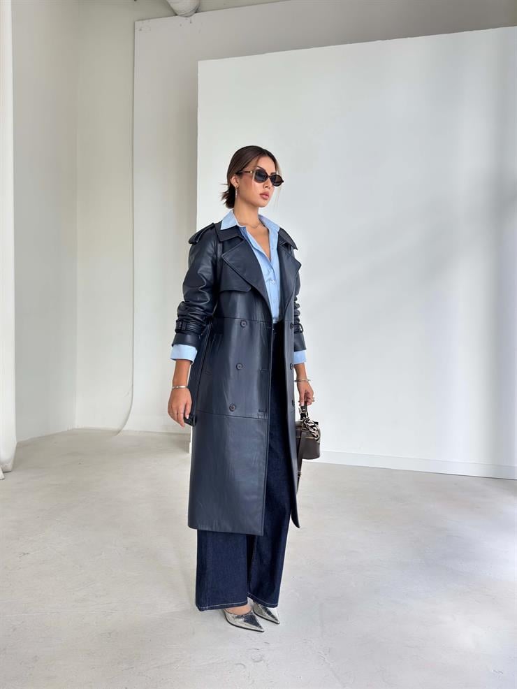 Beli Ve Kol Ucu Kemer Detaylı Tegan Lacivert Kadın Deri Trenç 26K016