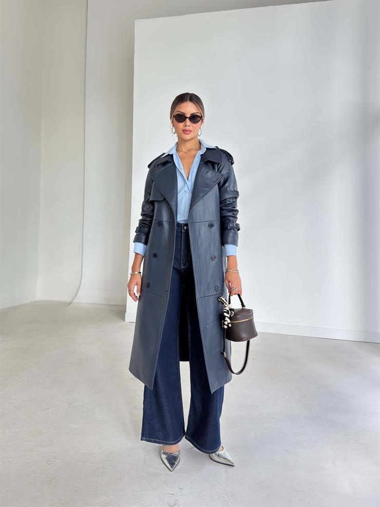 Beli Ve Kol Ucu Kemer Detaylı Tegan Lacivert Kadın Deri Trenç 26K016