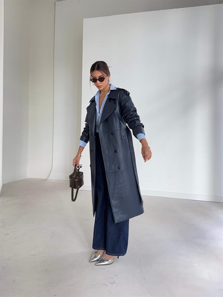 Beli Ve Kol Ucu Kemer Detaylı Tegan Lacivert Kadın Deri Trenç 26K016