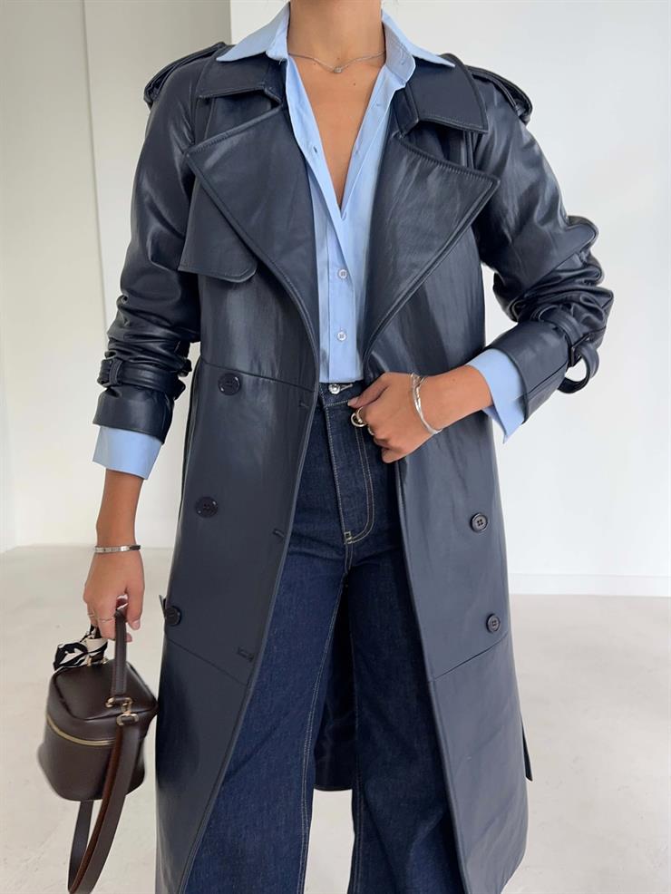 Beli Ve Kol Ucu Kemer Detaylı Tegan Lacivert Kadın Deri Trenç 26K016