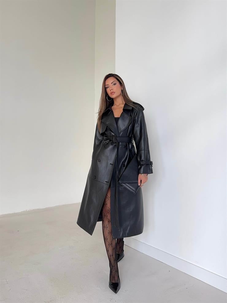 Beli Ve Kol Ucu Kemer Detaylı Tegan Siyah Kadın Deri Trenç 26K016