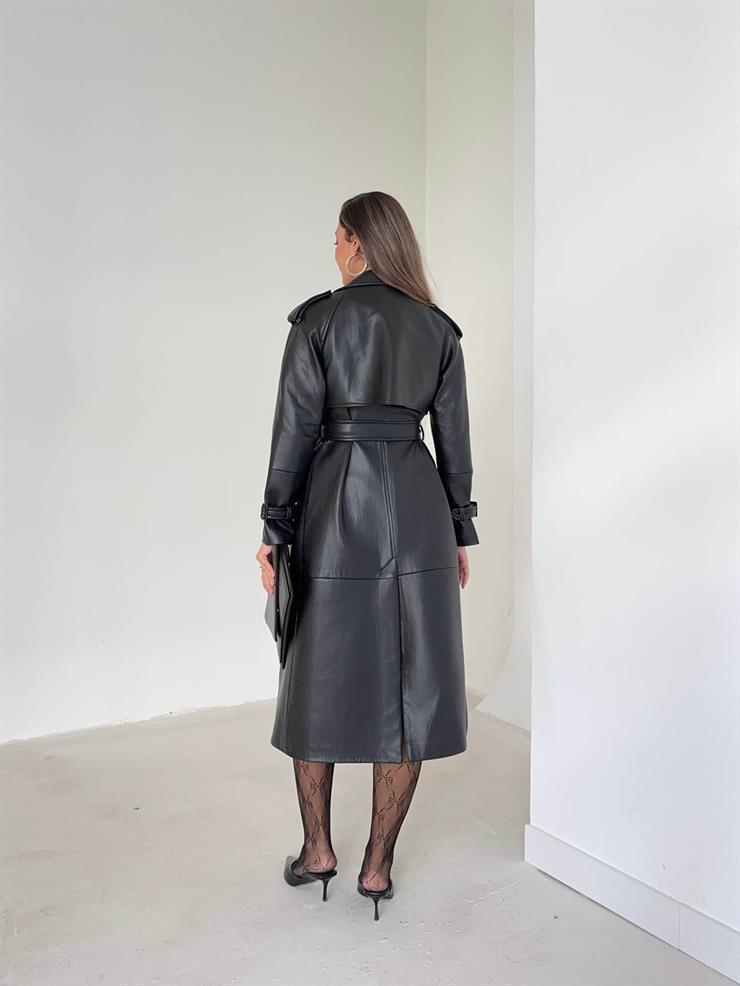 Beli Ve Kol Ucu Kemer Detaylı Tegan Siyah Kadın Deri Trenç 26K016