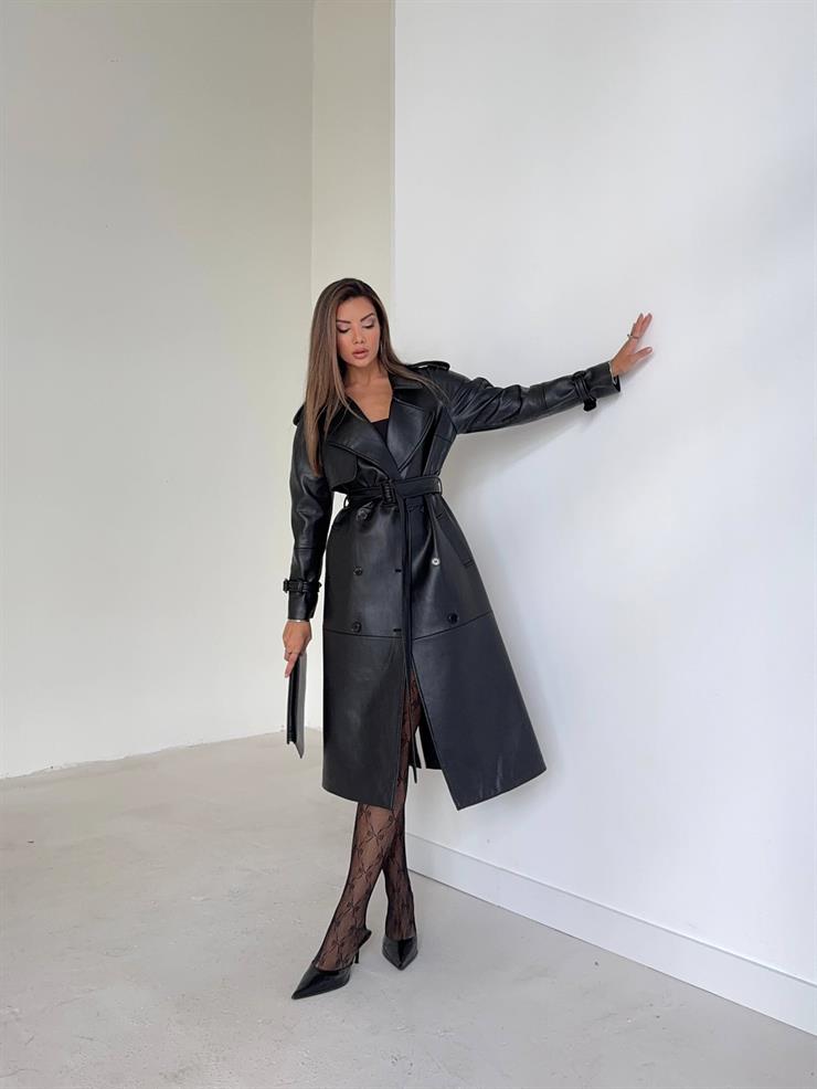 Beli Ve Kol Ucu Kemer Detaylı Tegan Siyah Kadın Deri Trenç 26K016