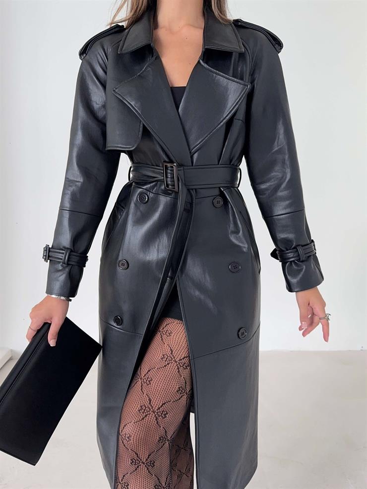 Beli Ve Kol Ucu Kemer Detaylı Tegan Siyah Kadın Deri Trenç 26K016