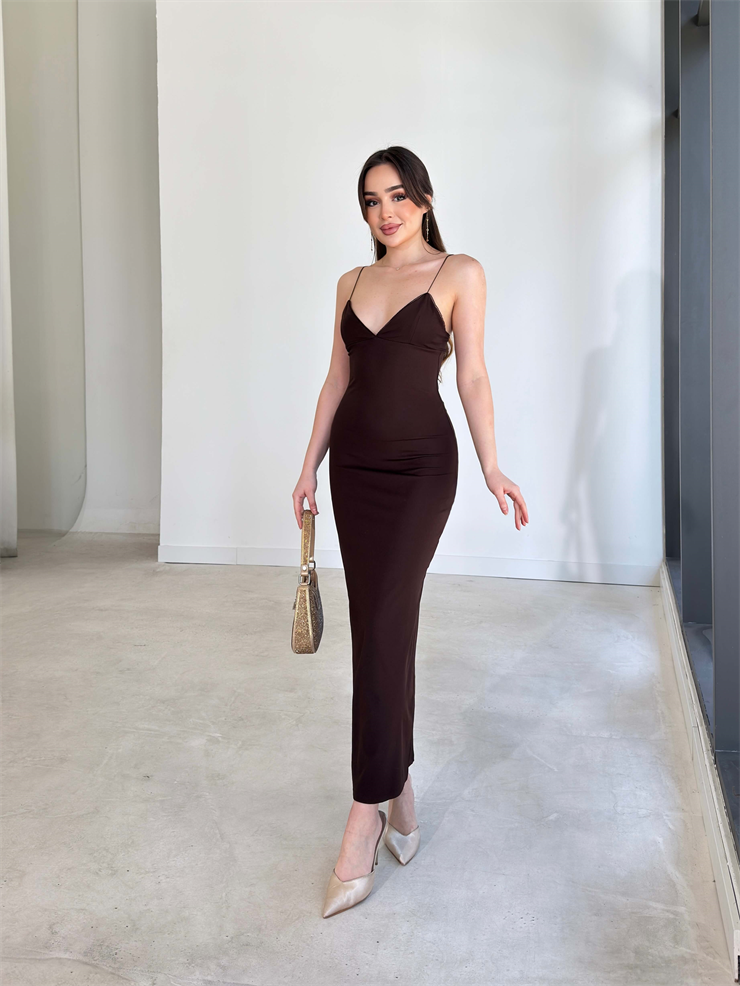 İnce Askılı Believe Kahve Kadın Elbise 26Y149