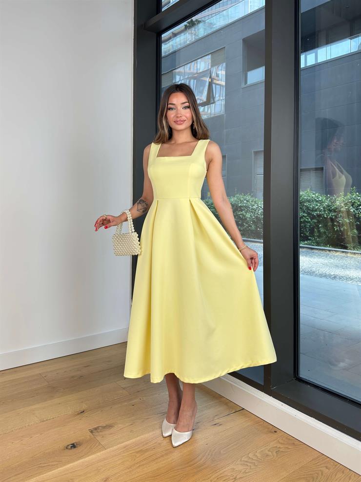 Kare Yaka Kalın Askılı Belinsa Sarı Kadın Elbise 25Y134