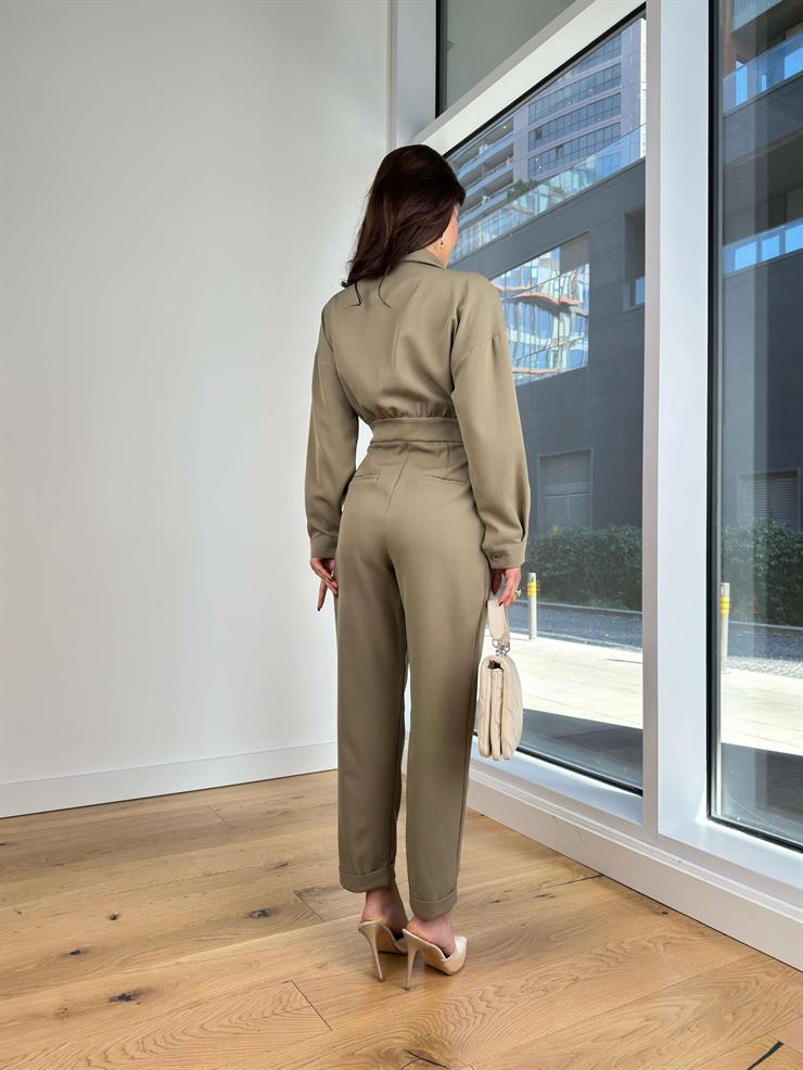 Kruvaze Yaka Düğmeli Belja Kadın Haki Tulum 25K235