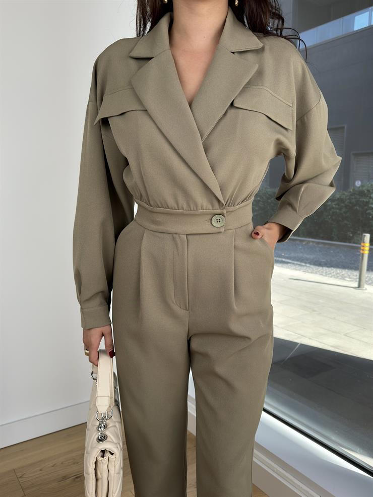 Kruvaze Yaka Düğmeli Belja Kadın Haki Tulum 25K235