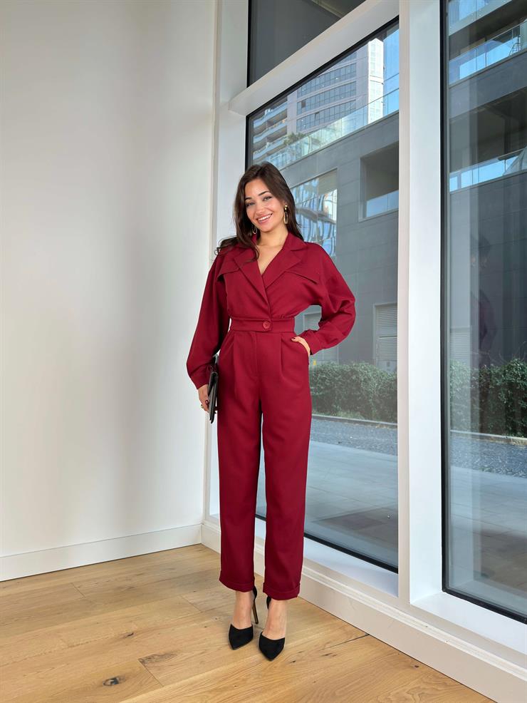 Kruvaze Yaka Düğmeli Belja Kadın Bordo Tulum 25K235