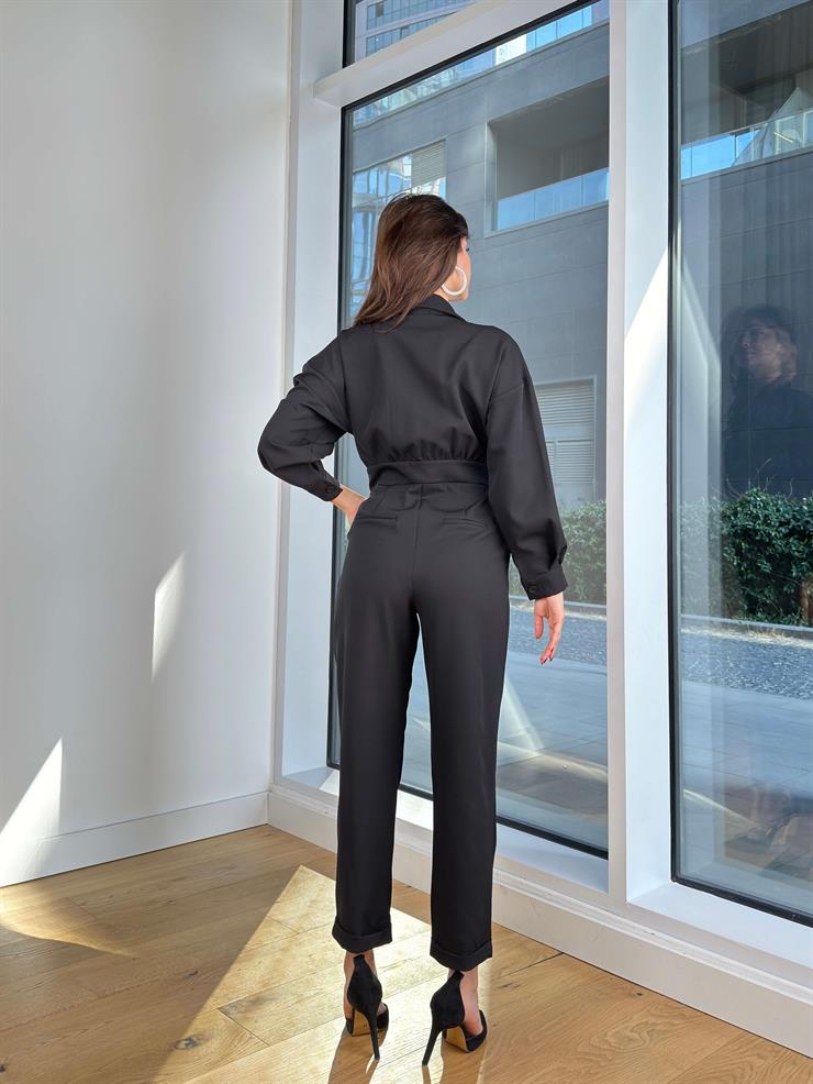 Kruvaze Yaka Düğmeli Belja Kadın Siyah Tulum 25K235