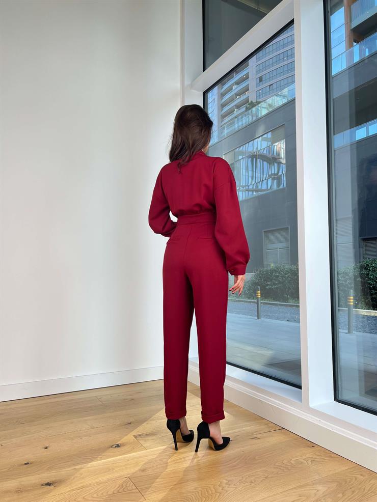 Kruvaze Yaka Düğmeli Belja Kadın Bordo Tulum 25K235