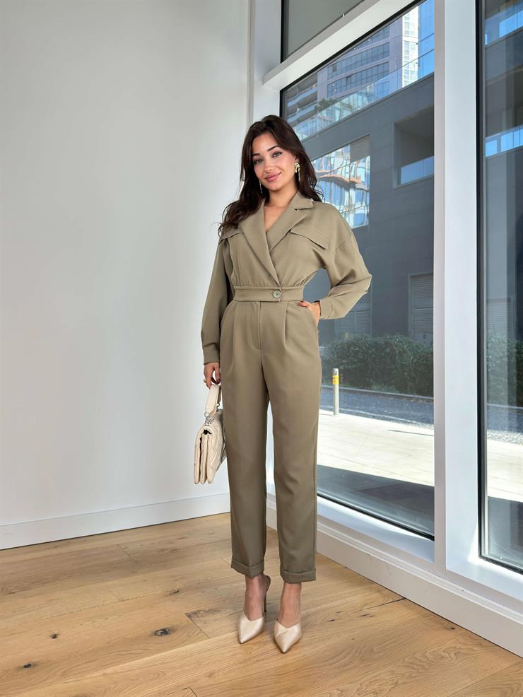 Kruvaze Yaka Düğmeli Belja Kadın Haki Tulum 25K235