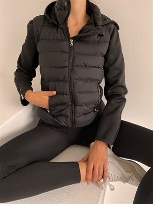 Kol Ve Kapüşonlu Farklı Kumaş Bellance Kadın Siyah Mont 22K000158