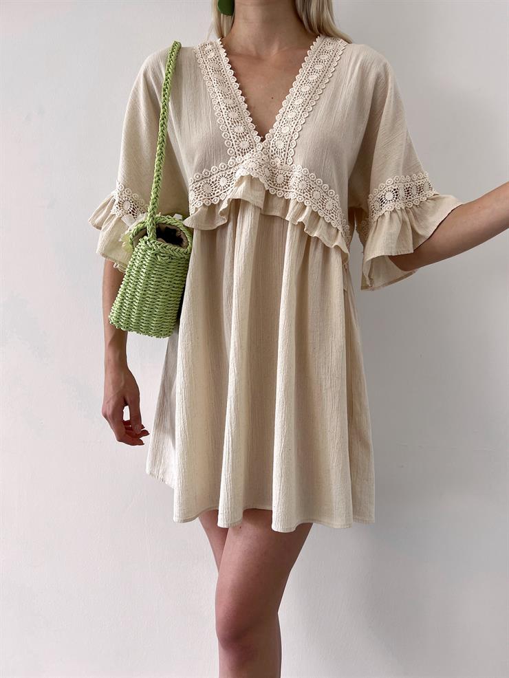 V Yaka Önü Fırfır Ve Güpür Detaylı Belleza Kadın Taş Mini Elbise 23Y000349