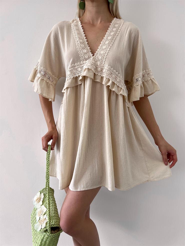 V Yaka Önü Fırfır Ve Güpür Detaylı Belleza Kadın Taş Mini Elbise 23Y000349