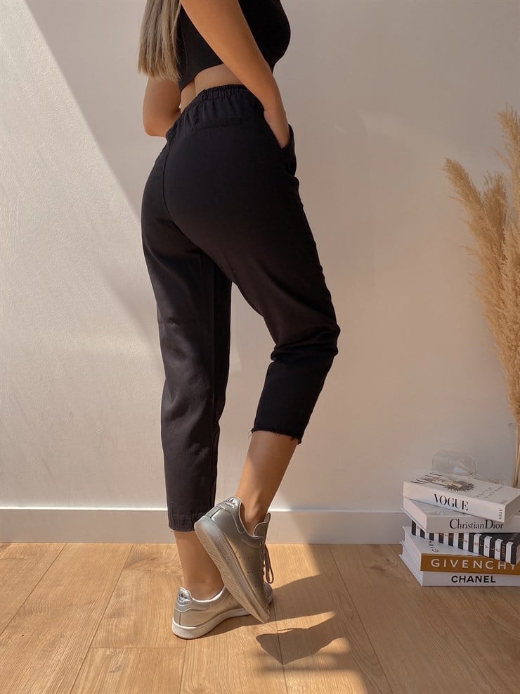 Belli Lastikli Paça Püsküllü Keten Kadın Siyah Pantolon 21Y000431