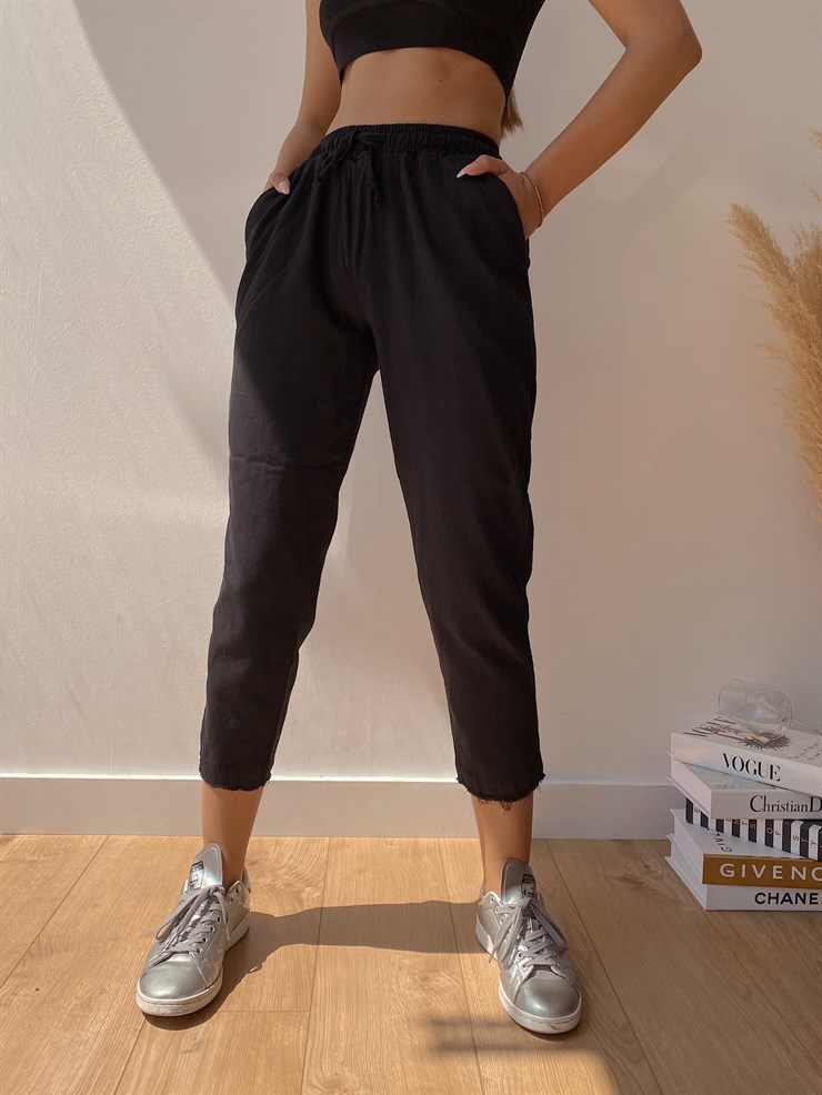 Belli Lastikli Paça Püsküllü Keten Kadın Siyah Pantolon 21Y000431