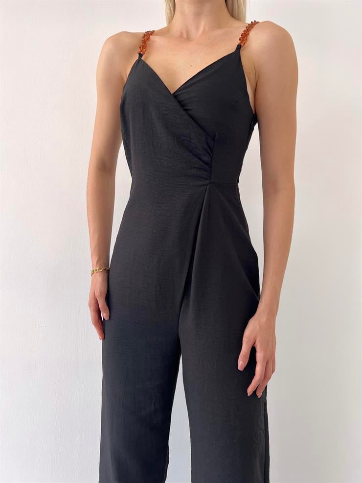 Zincir Görünümlü Askı V yaka Bello Kadın Siyah Tulum 23Y000348