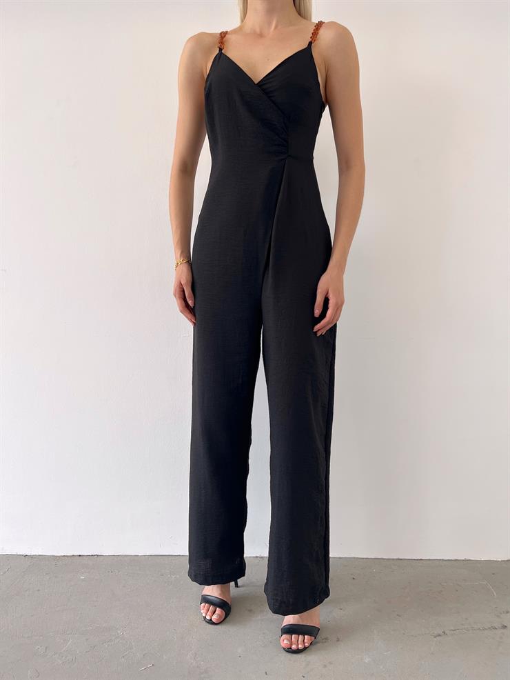 Zincir Görünümlü Askı V yaka Bello Kadın Siyah Tulum 23Y000348