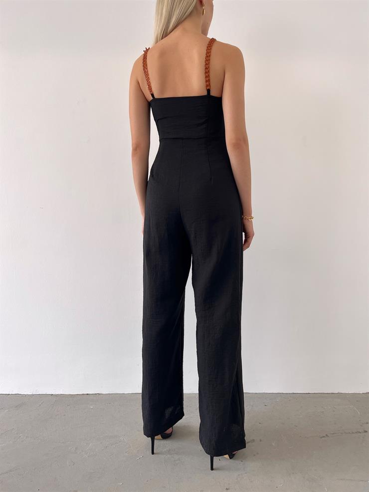 Zincir Görünümlü Askı V yaka Bello Kadın Siyah Tulum 23Y000348