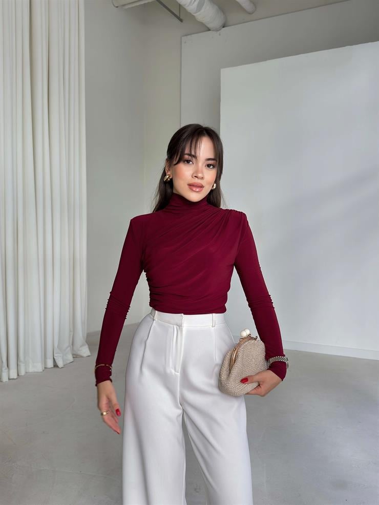 Boğazlı Yanı Drape Detaylı Belmade Bordo Kadın Bluz 26K113