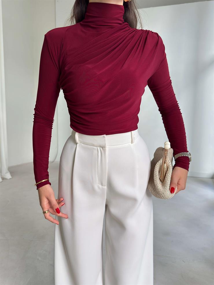 Boğazlı Yanı Drape Detaylı Belmade Bordo Kadın Bluz 26K113