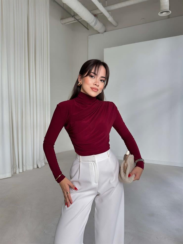 Boğazlı Yanı Drape Detaylı Belmade Bordo Kadın Bluz 26K113