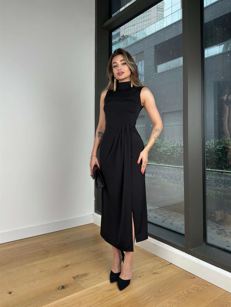 Balıkçı Yaka Kolsuz Yırtmaçlı Bend Siyah Kadın Elbise 25Y088