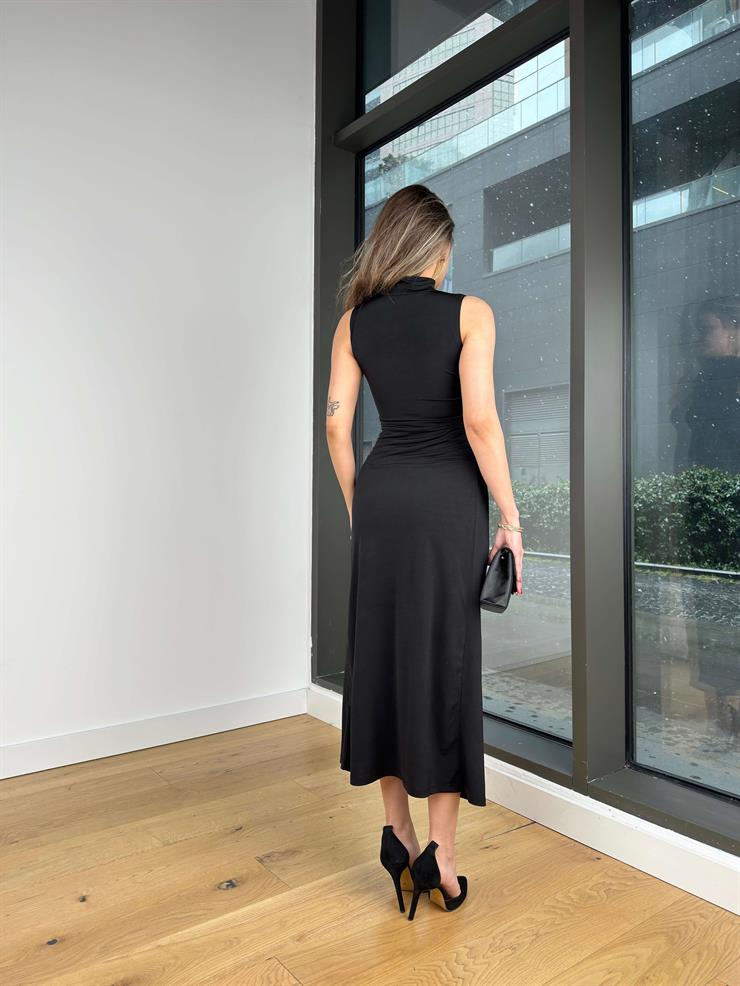 Balıkçı Yaka Kolsuz Yırtmaçlı Bend Siyah Kadın Elbise 25Y088