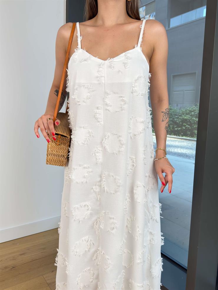 Askılı V Yaka Bendle Beyaz Kadın Elbise 25Y507