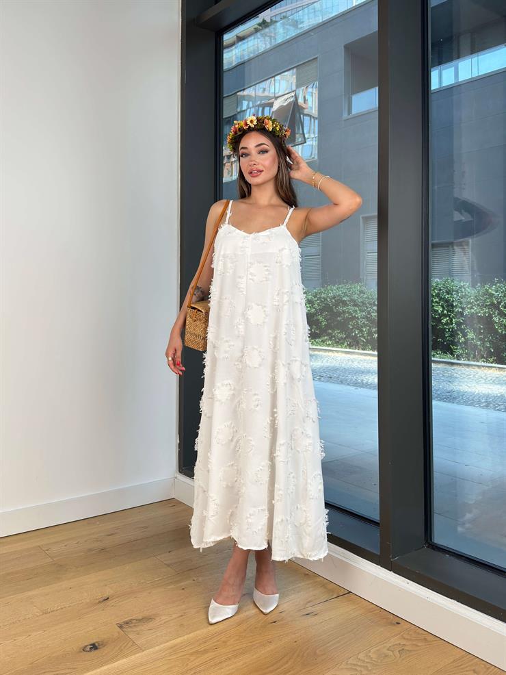 Askılı V Yaka Bendle Beyaz Kadın Elbise 25Y507