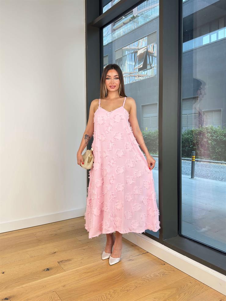 Askılı V Yaka Bendle Pembe Kadın Elbise 25Y507