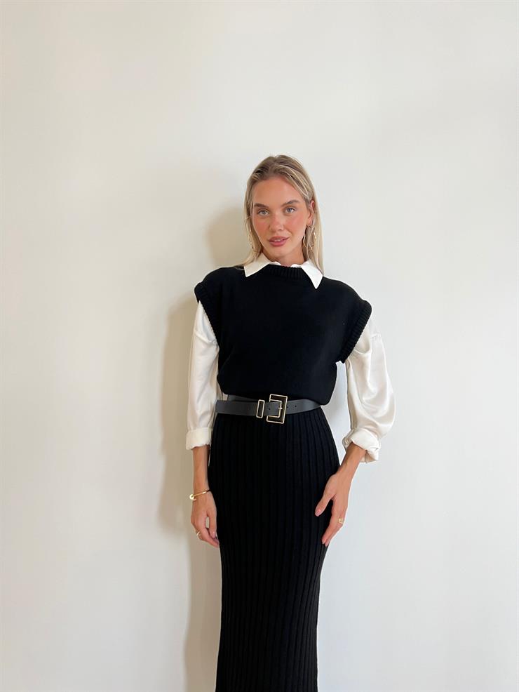 Kolsuz Yarım Boğazlı Kazak Yüksek Bel Midi Boy Etek Benedita Kadın Siyah Triko Takım 24k000039