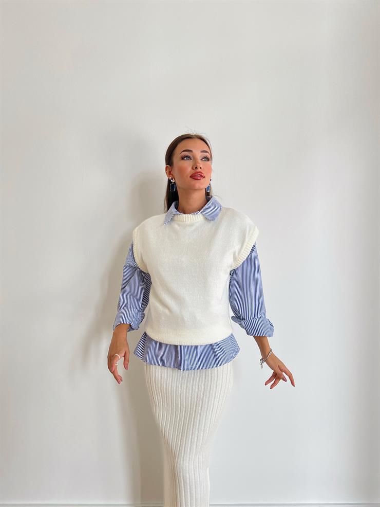 Kolsuz Yarım Boğazlı Kazak Yüksek Bel Midi Boy Etek Benedita Kadın Ekru Triko Takım 24k000039