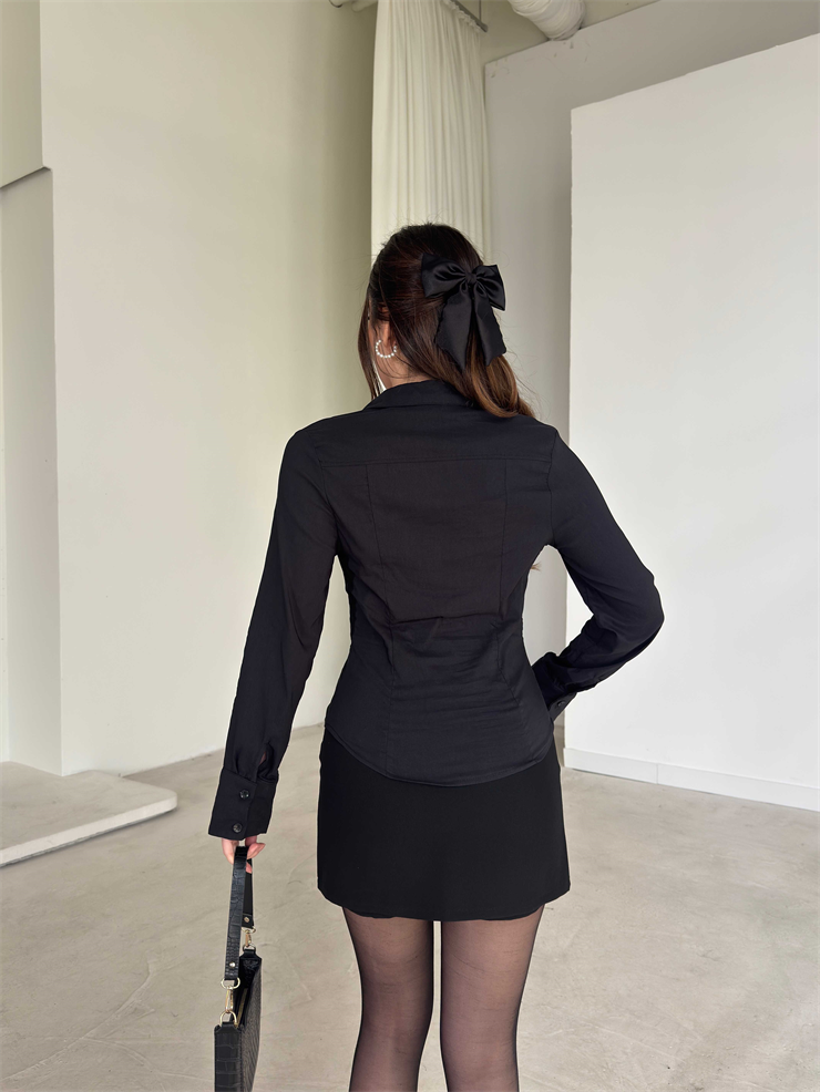 Belden Oturtmalı Benglin Siyah Kadın Gömlek 26Y060