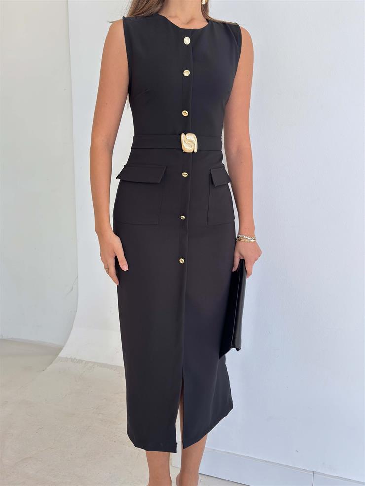 Önü Düğmeli Aksesuarlı Cep Detaylı Benjamin Siyah Kadın Elbise 26K213