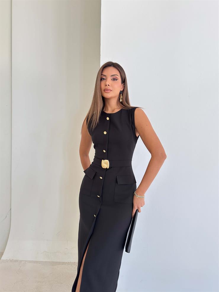 Önü Düğmeli Aksesuarlı Cep Detaylı Benjamin Siyah Kadın Elbise 26K213