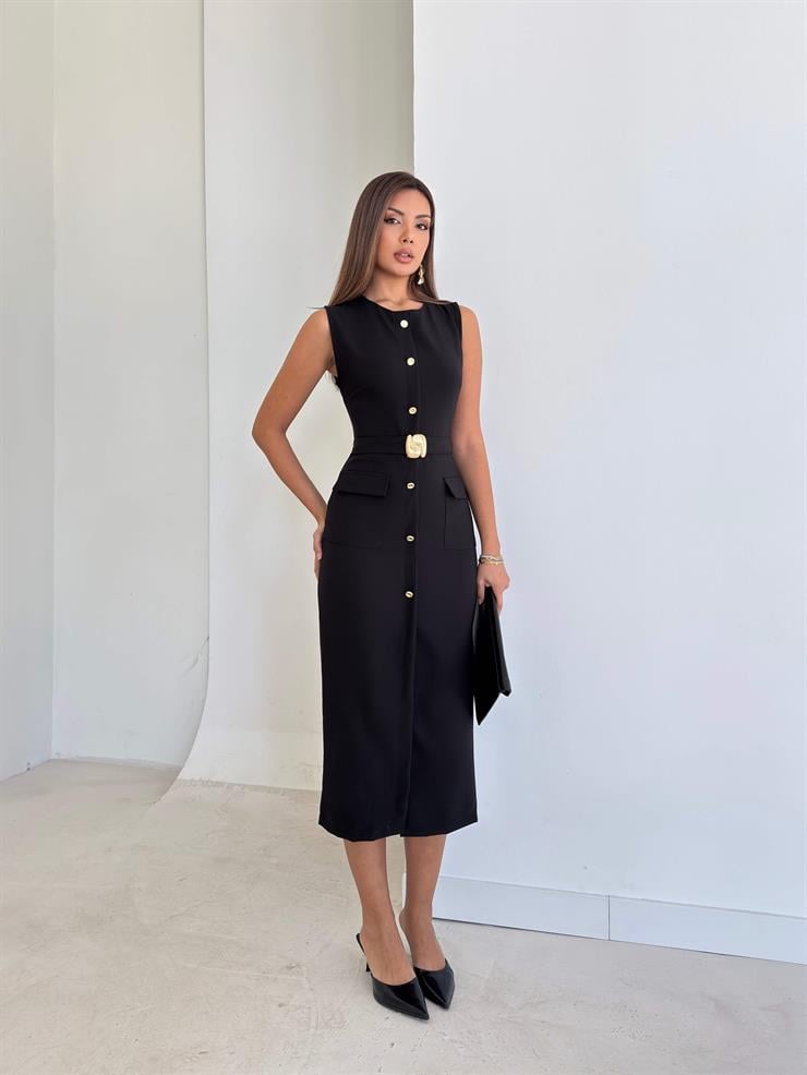 Önü Düğmeli Aksesuarlı Cep Detaylı Benjamin Siyah Kadın Elbise 26K213