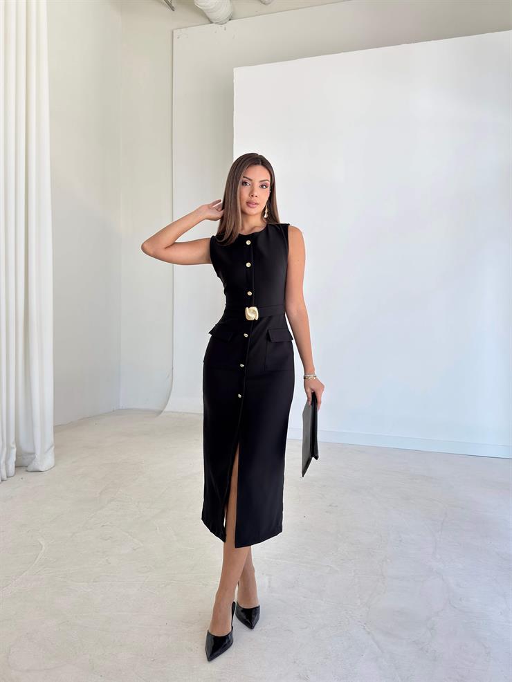 Önü Düğmeli Aksesuarlı Cep Detaylı Benjamin Siyah Kadın Elbise 26K213