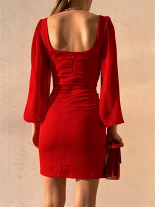 Tül Kol Detay Göğüs Kuplu Korse Berenice Kadın Kırmızı Elbise 22Y000010