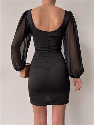 Tül Kol Detay Göğüs Kuplu Korse Berenice Kadın Siyah Elbise 22Y000010